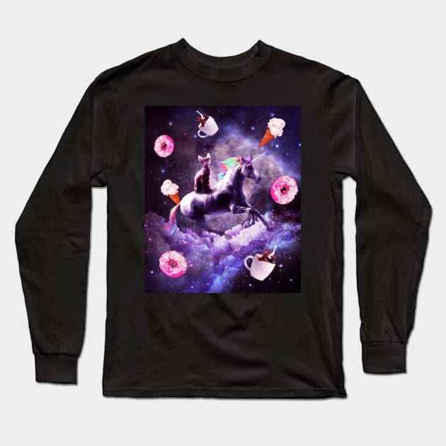 Outer Space Cat Riding Unicorn - Donut Long Sleeve T-Shirt by Random Galaxy